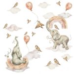 Gyerekszoba falmatrica - PASZTELL ELEFÁNTOK, SZIVÁRVÁNY MATRICA 1.XL méret