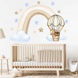   Gyerekszoba falmatrica - Pasztell bézs-kék hőlégballonos szivárvány falmatrica