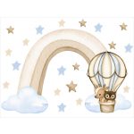 Gyerekszoba falmatrica - Pasztell bézs-kék hőlégballonos szivárvány falmatrica