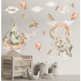   Gyerekszoba falmatrica - PASZTELL ELEFÁNTOK, SZIVÁRVÁNY MATRICA 1. M méret