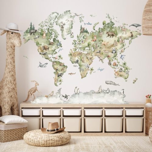 Térkép matrica gyerekszobába- Állatok világtérkép falmatrica