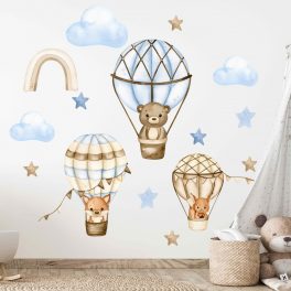   Fiús szoba falmatrica-Pasztell bézs-kék állatos hőlégballonok falmatrica