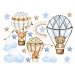 Fiús szoba falmatrica-Pasztell bézs-kék állatos hőlégballonok falmatrica